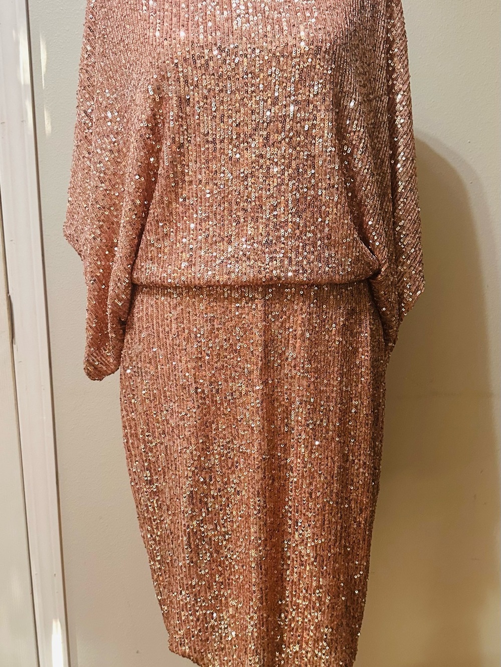 MARINA Rose Gold Sequin Blouson Midi Dress